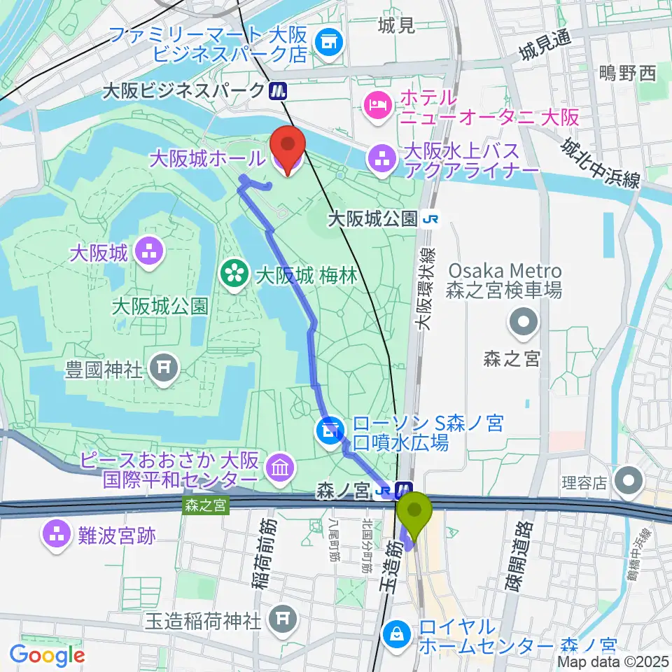 森ノ宮駅から大阪城ホールへのルートマップ地図