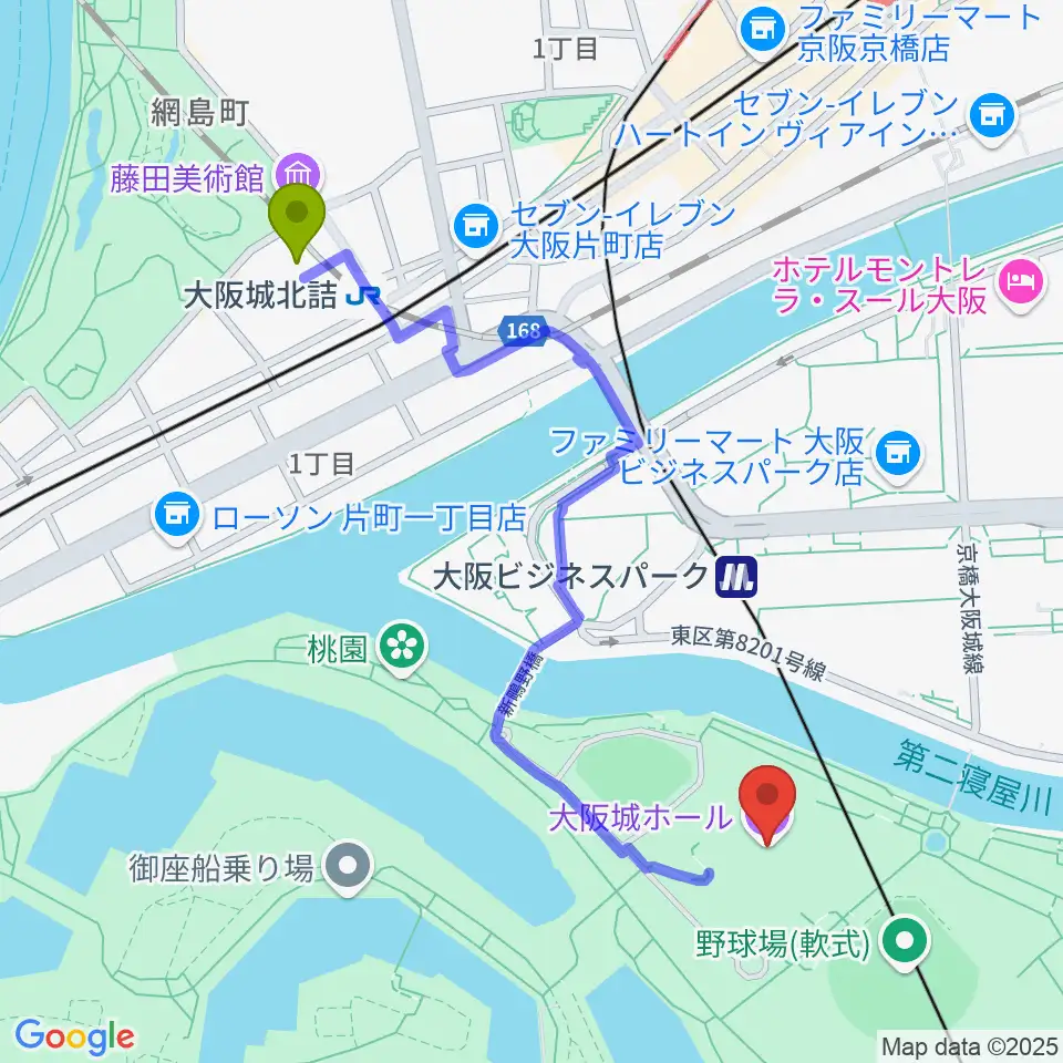 大阪城北詰駅から大阪城ホールへのルートマップ地図