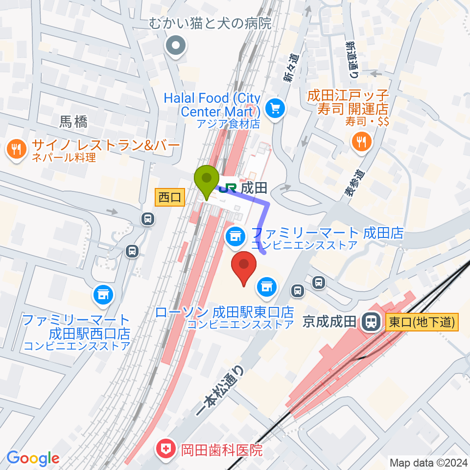 なごみの米屋スカイタウンホールの最寄駅成田駅からの徒歩ルート（約2分）地図