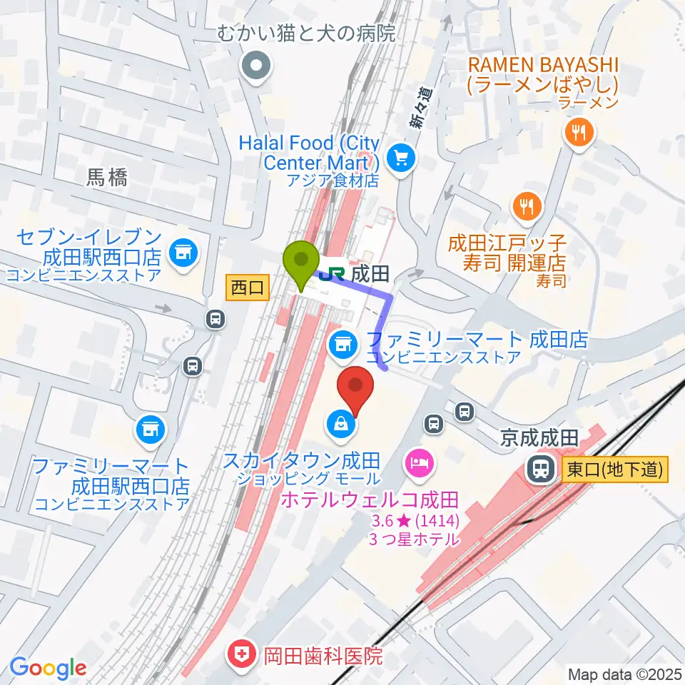 なごみの米屋スカイタウンホールの最寄駅成田駅からの徒歩ルート（約2分）地図