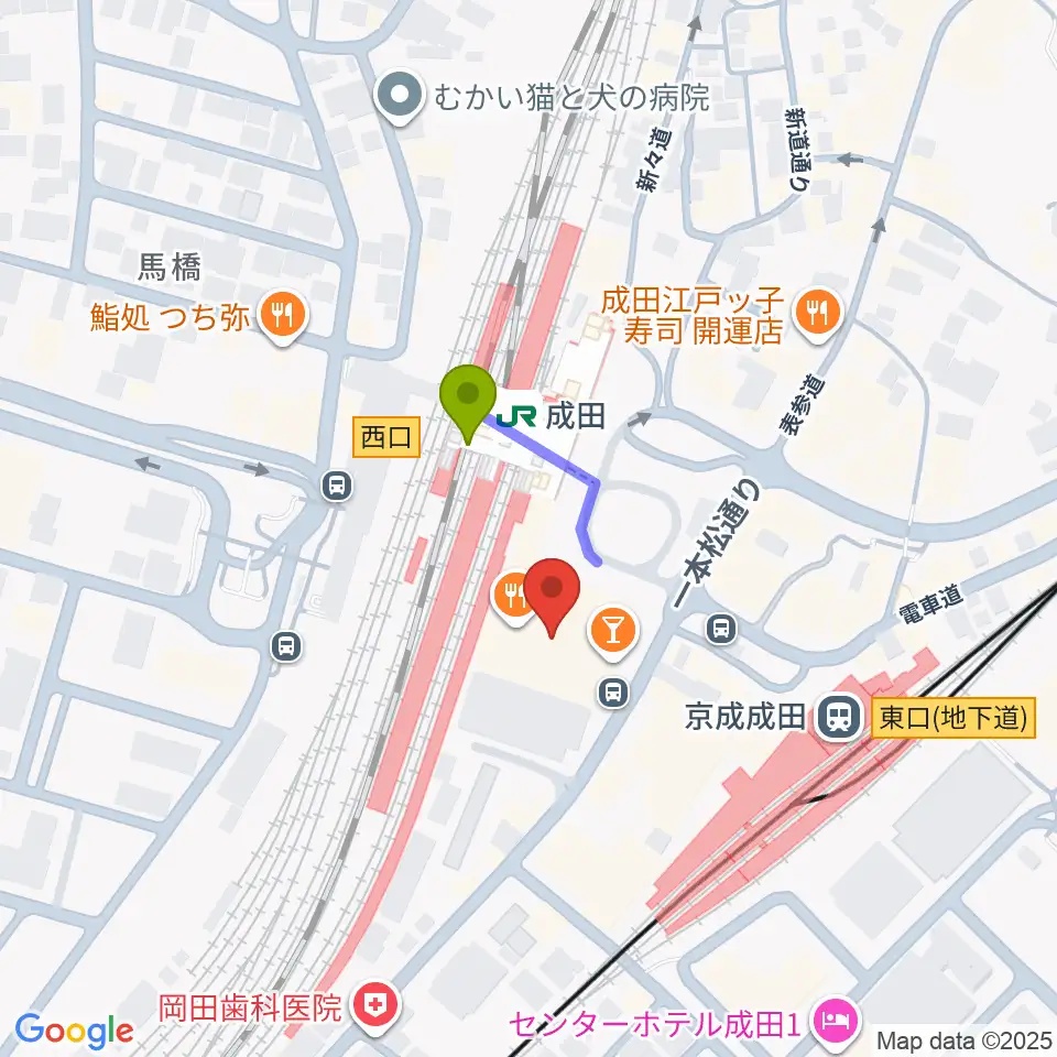 なごみの米屋スカイタウンホールの最寄駅成田駅からの徒歩ルート（約2分）地図
