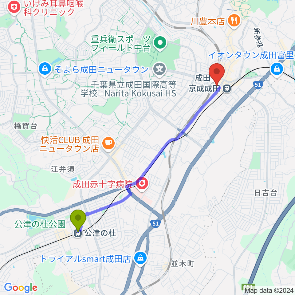 公津の杜駅からなごみの米屋スカイタウンホールへのルートマップ地図