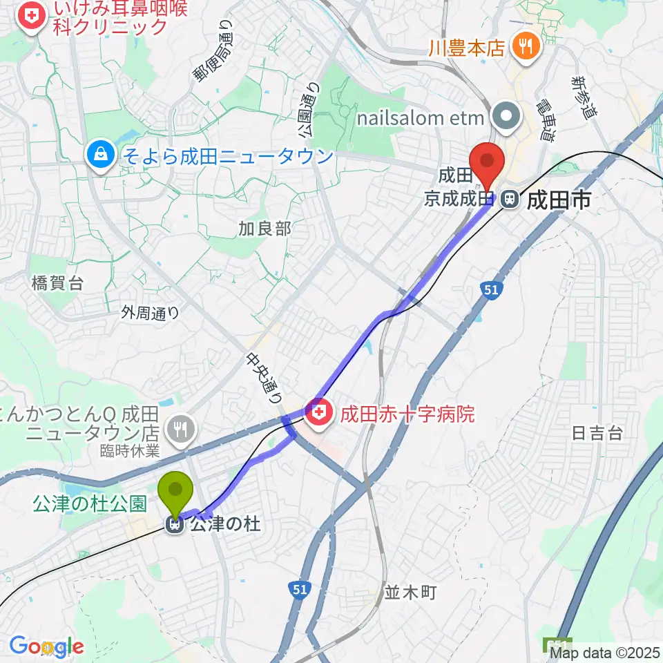 公津の杜駅からなごみの米屋スカイタウンホールへのルートマップ地図