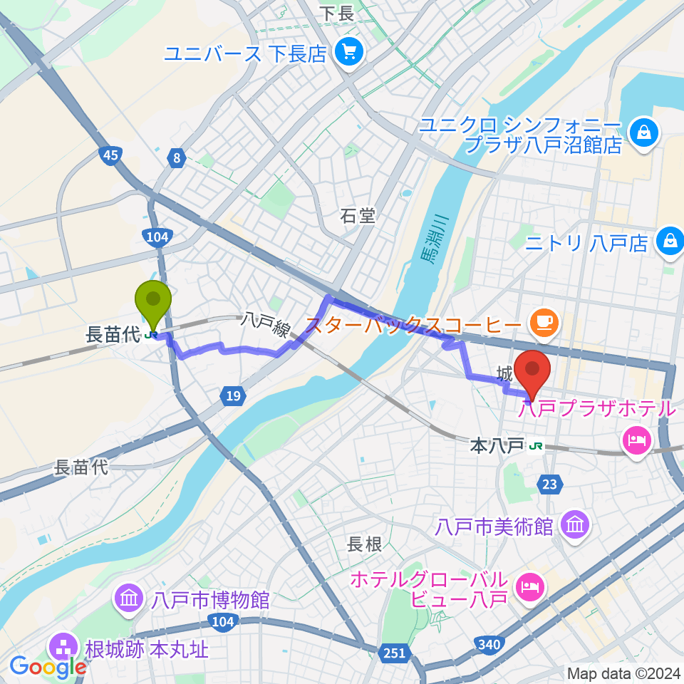 長苗代駅からデーリー東北ホールへのルートマップ地図