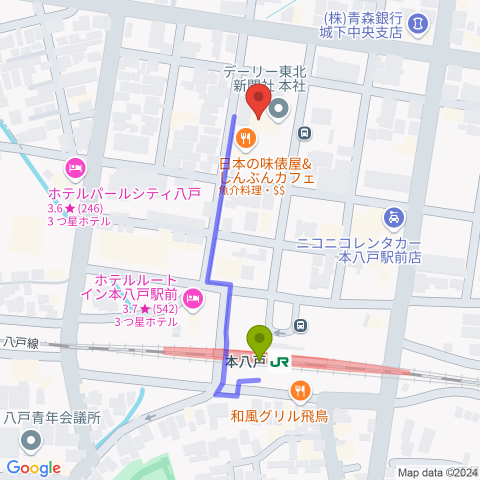 デーリー東北ホールの最寄駅本八戸駅からの徒歩ルート（約4分）地図