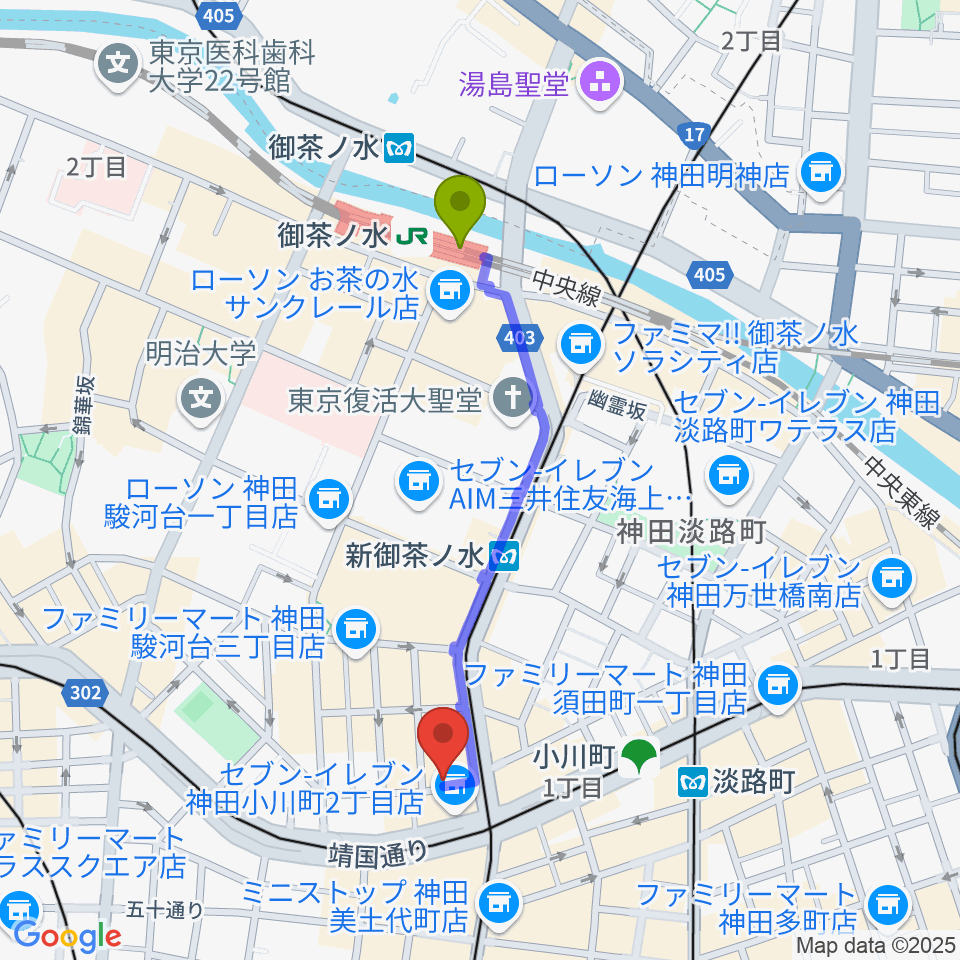 御茶ノ水駅からアーティファクト・ミュージックスクールへのルートマップ地図