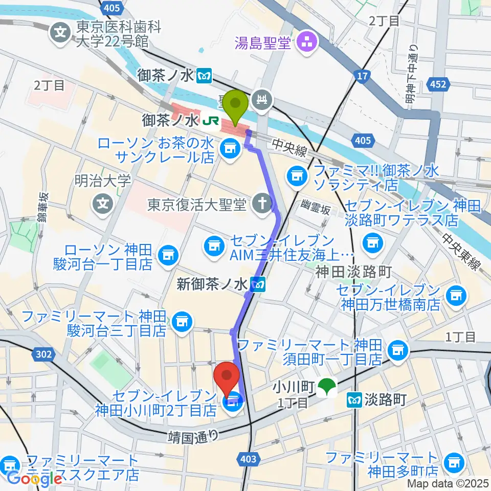 御茶ノ水駅からアーティファクト・ミュージックスクールへのルートマップ地図