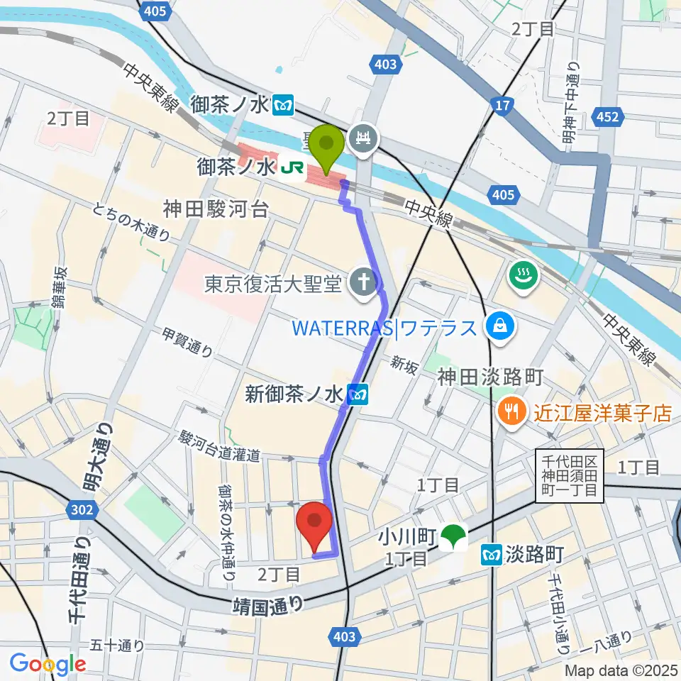 御茶ノ水駅からアーティファクト・ミュージックスクールへのルートマップ地図