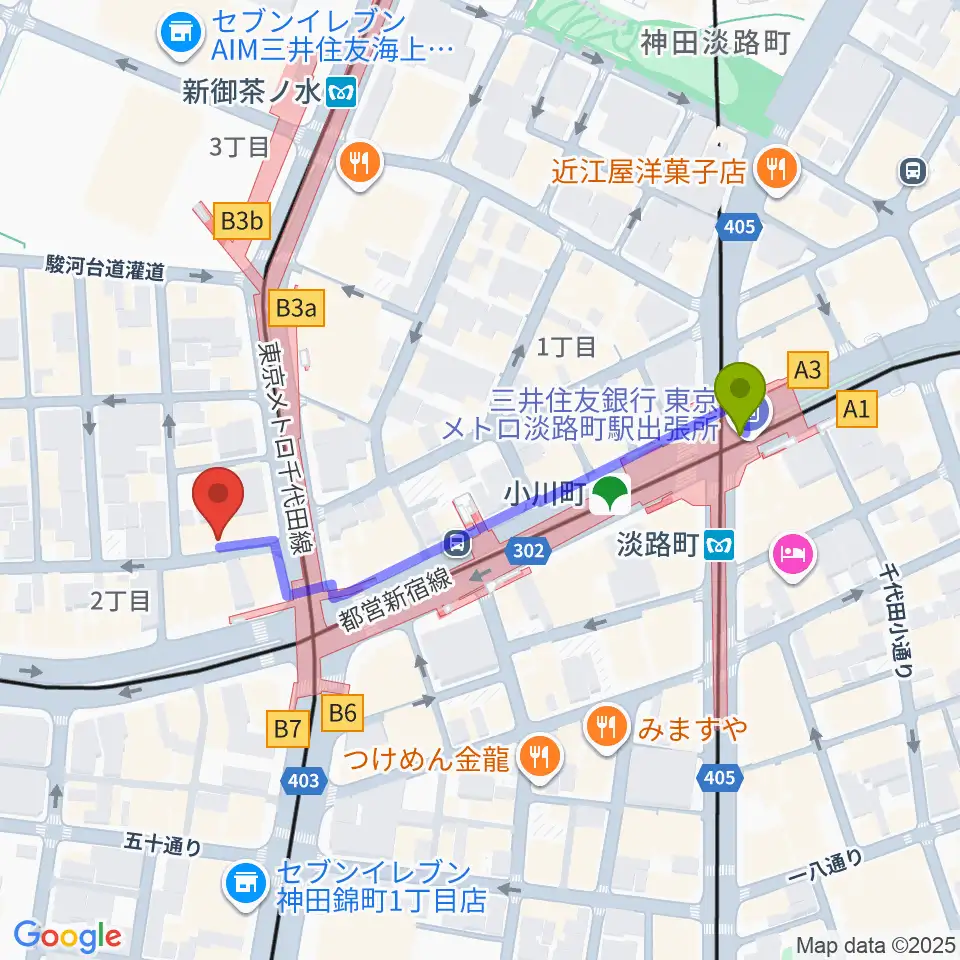 アーティファクト・ミュージックスクールの最寄駅淡路町駅からの徒歩ルート（約4分）地図