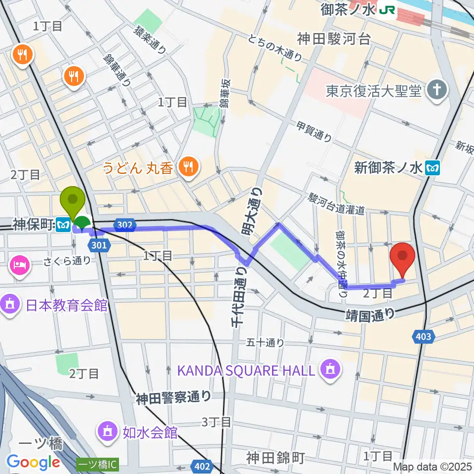 神保町駅からアーティファクト・ミュージックスクールへのルートマップ地図