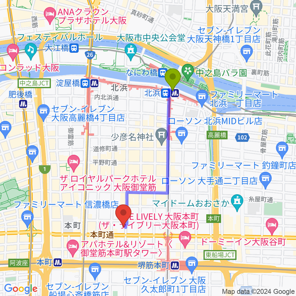北浜駅からスプートニクギタースクールへのルートマップ地図