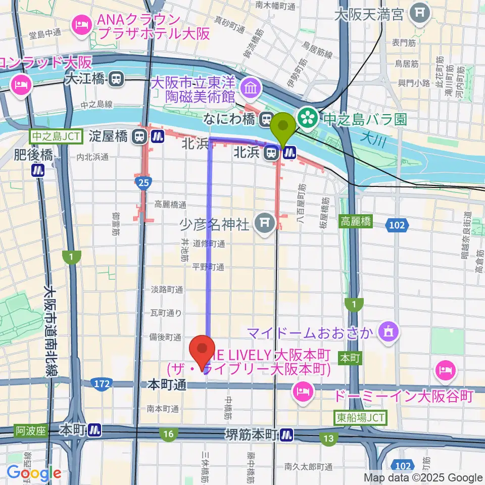 北浜駅からスプートニクギタースクールへのルートマップ地図