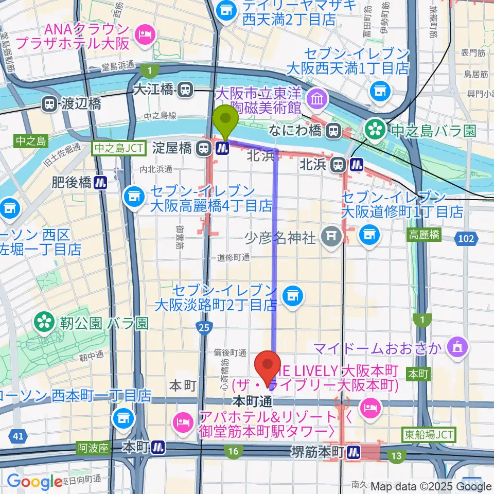 淀屋橋駅からスプートニクギタースクールへのルートマップ地図
