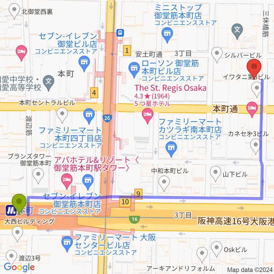 本町駅からスプートニクギタースクールへのルートマップ地図