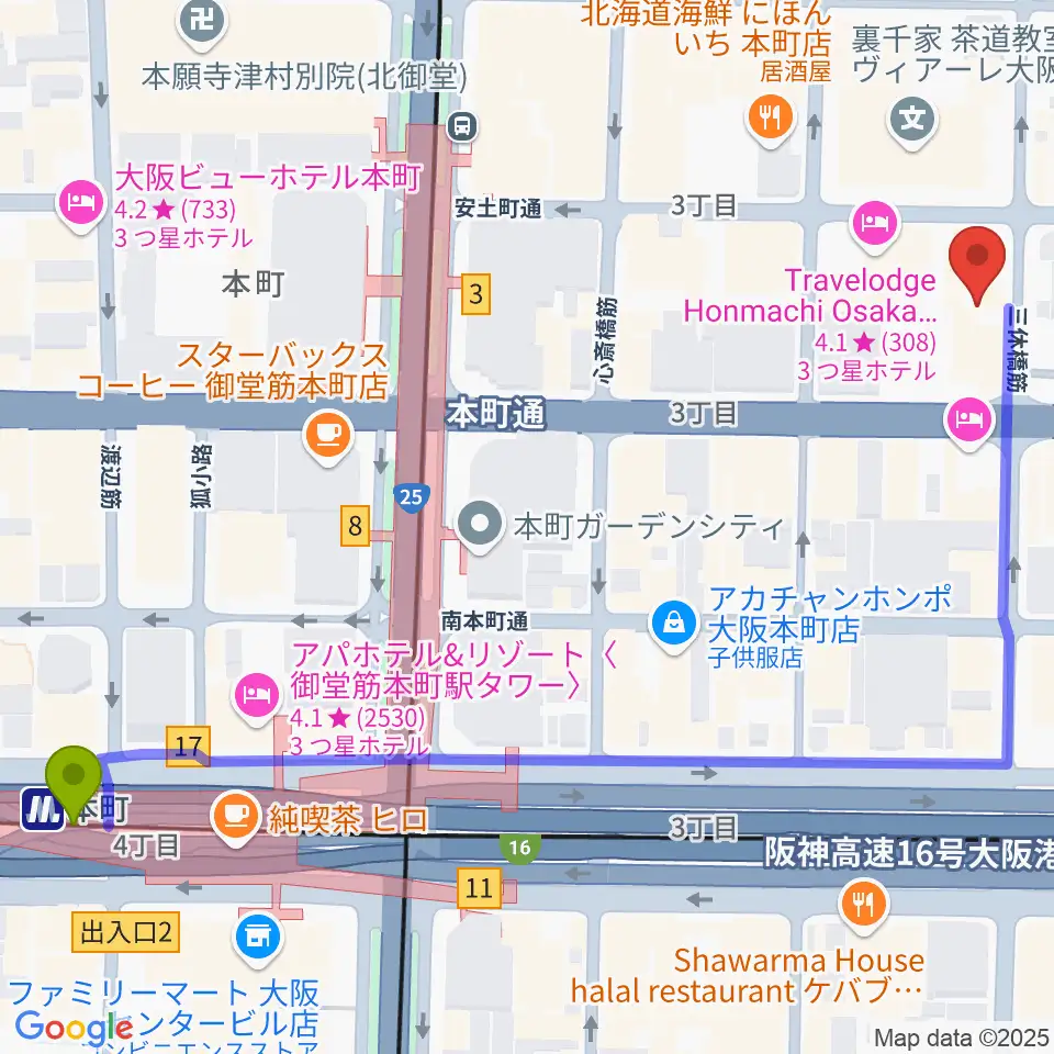 本町駅からスプートニクギタースクールへのルートマップ地図
