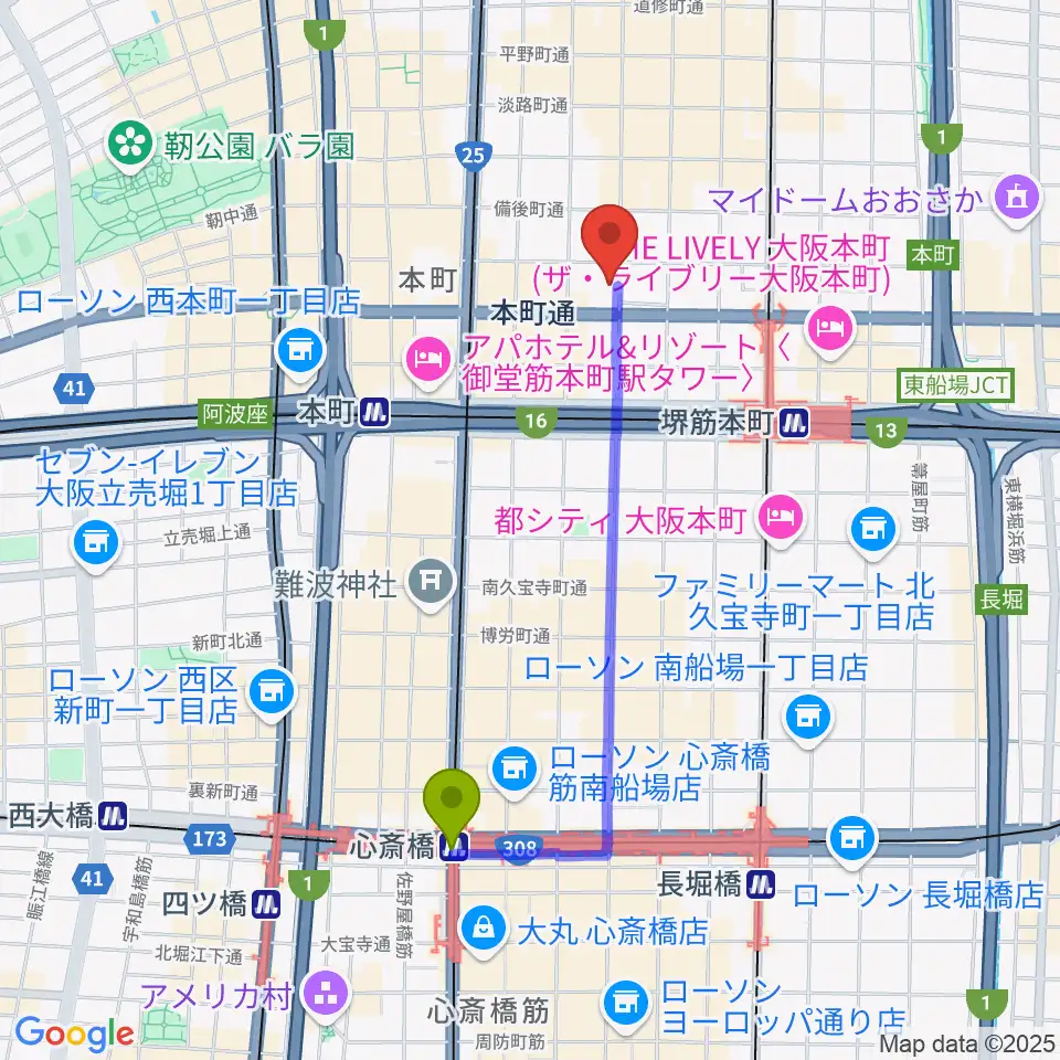 心斎橋駅からスプートニクギタースクールへのルートマップ地図