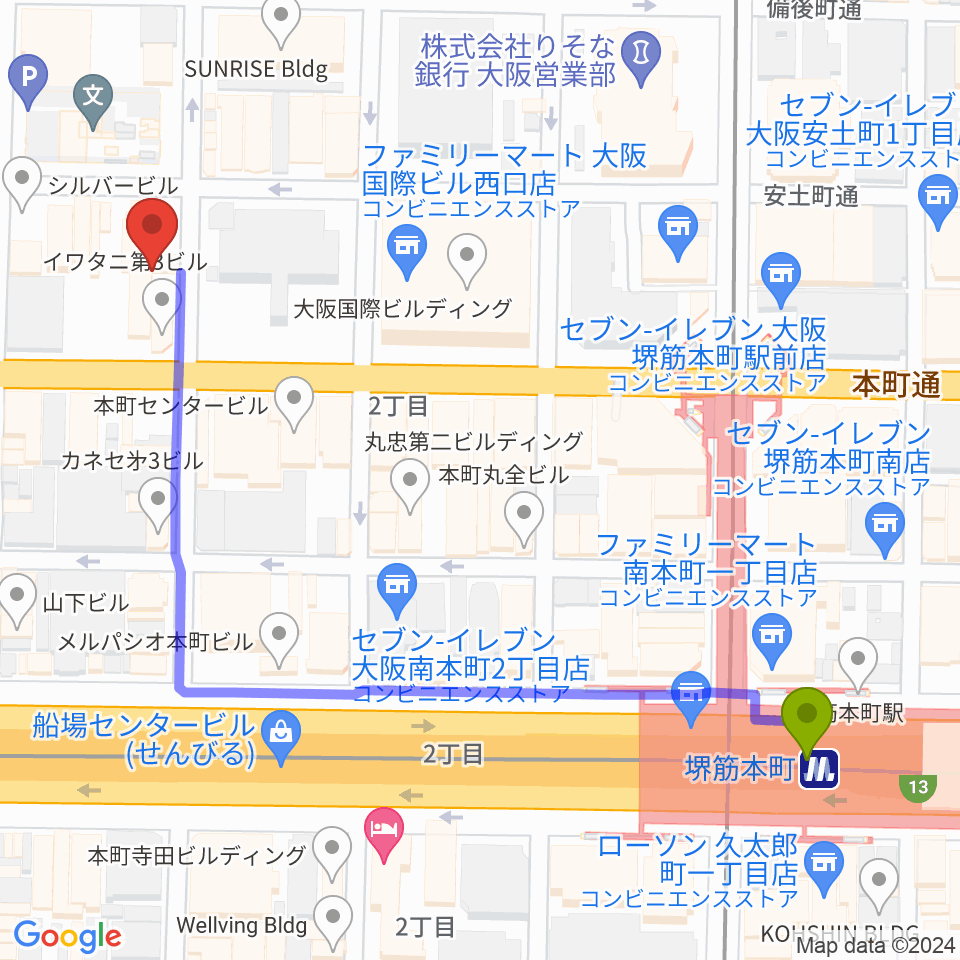 スプートニクギタースクールの最寄駅堺筋本町駅からの徒歩ルート（約7分）地図