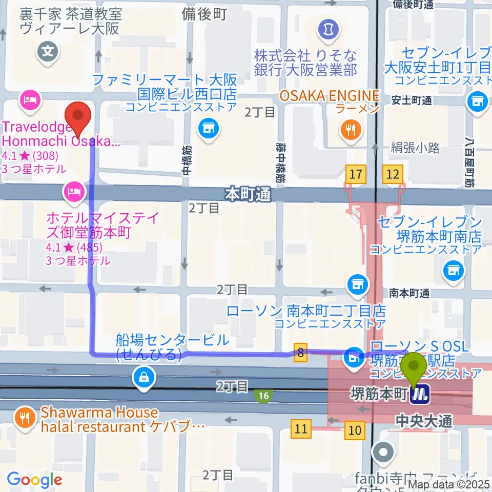 スプートニクギタースクールの最寄駅堺筋本町駅からの徒歩ルート（約7分）地図