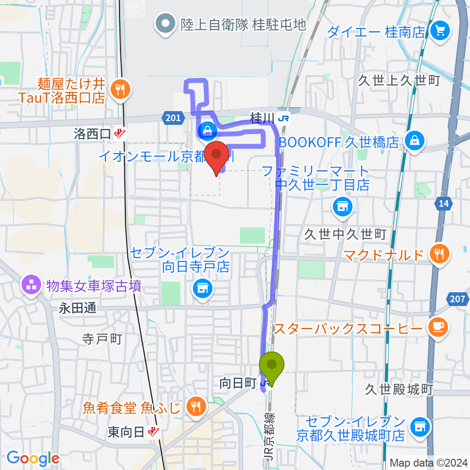 向日町駅から島村楽器イオンモール京都桂川店へのルートマップ地図