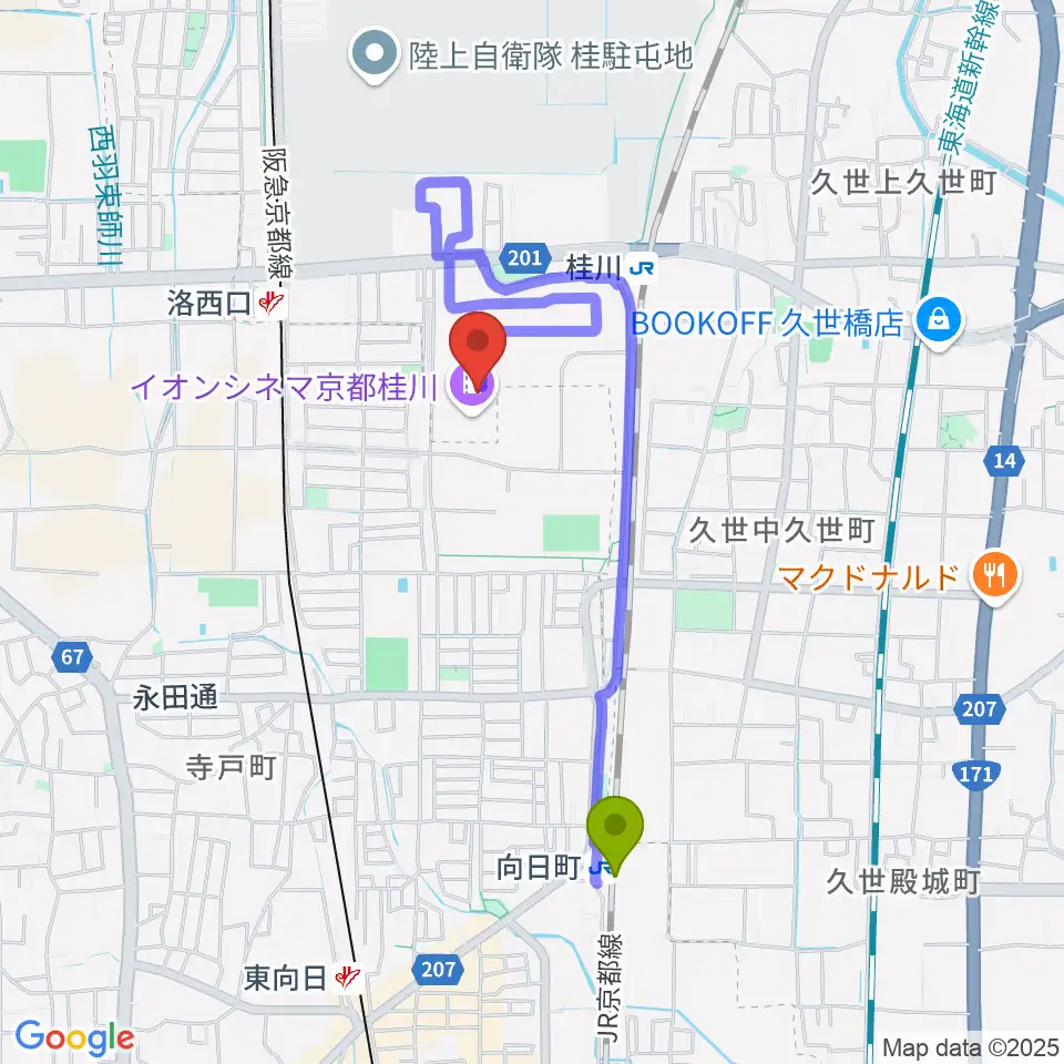 向日町駅から島村楽器イオンモール京都桂川店へのルートマップ地図