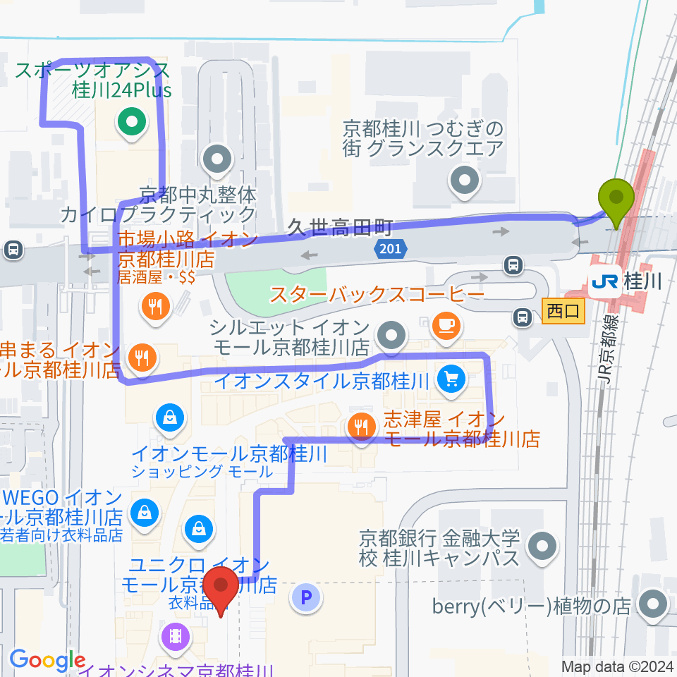 島村楽器イオンモール京都桂川店の最寄駅桂川駅からの徒歩ルート（約6分）地図