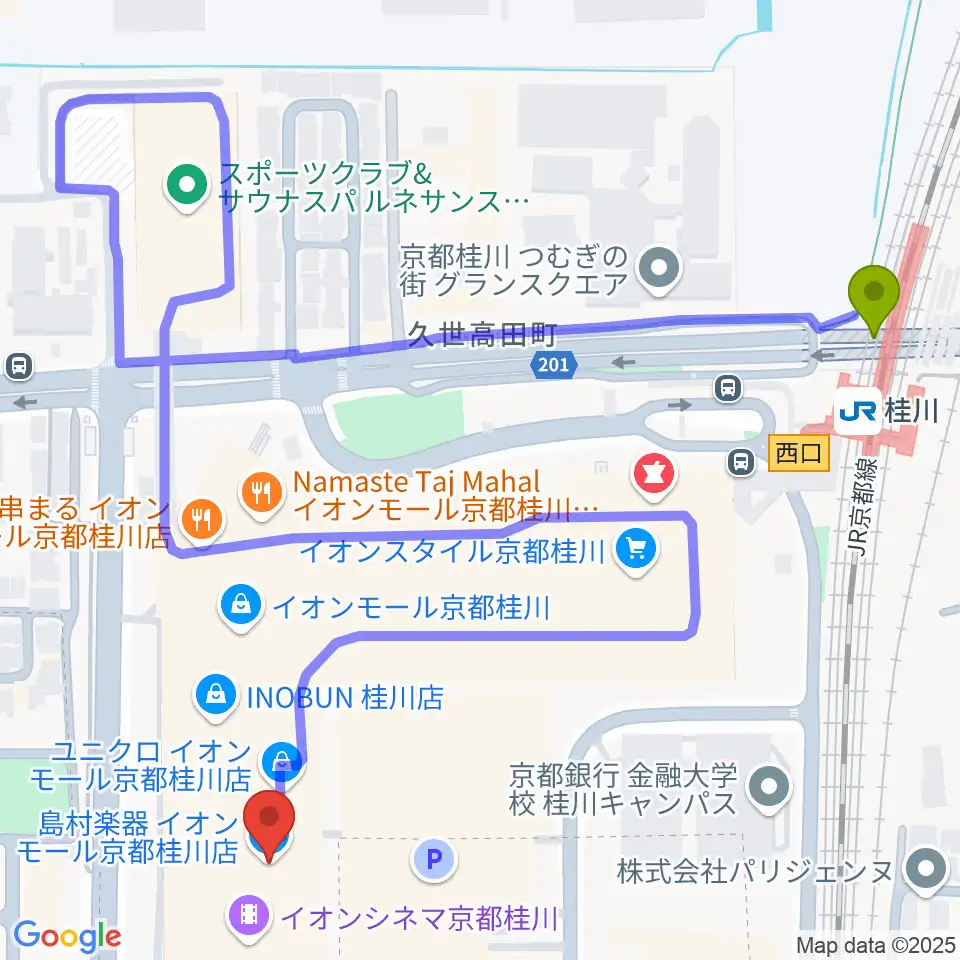 島村楽器イオンモール京都桂川店の最寄駅桂川駅からの徒歩ルート（約7分）地図