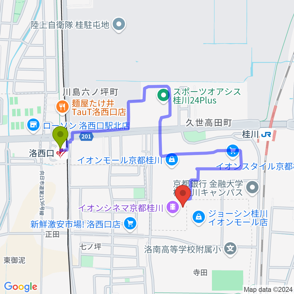 洛西口駅から島村楽器イオンモール京都桂川店へのルートマップ地図