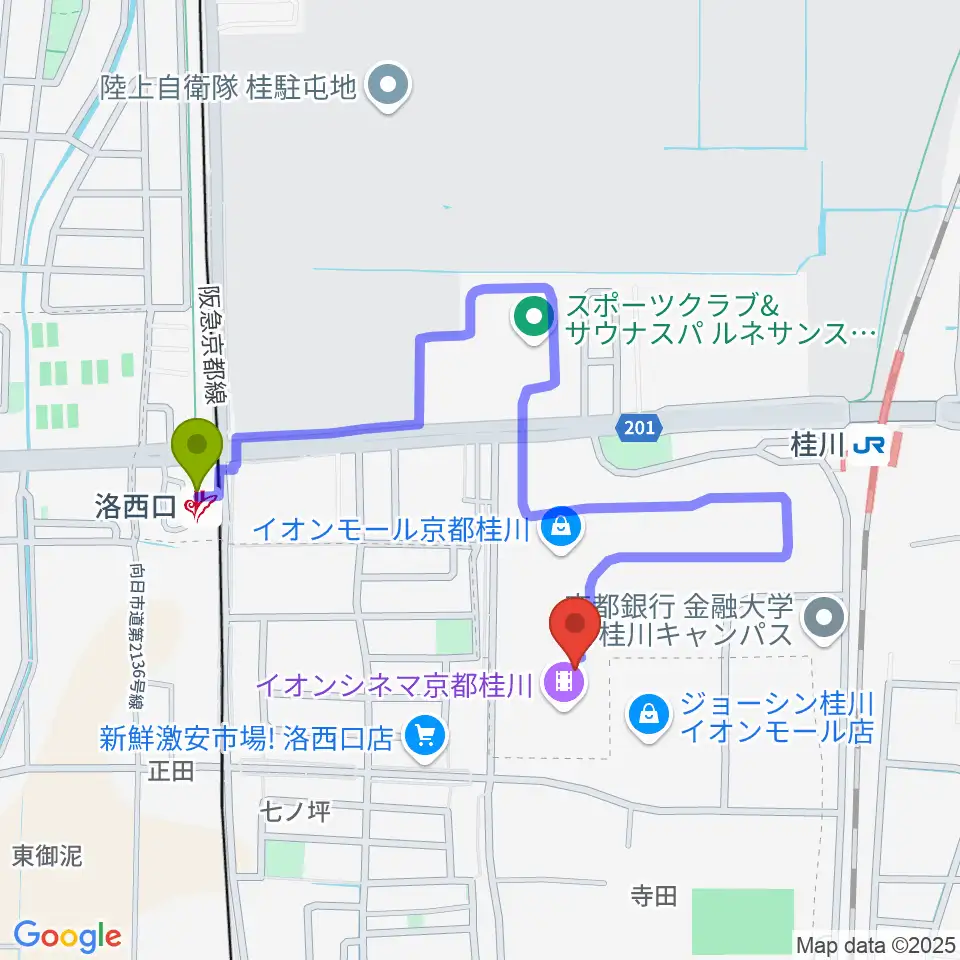 洛西口駅から島村楽器イオンモール京都桂川店へのルートマップ地図