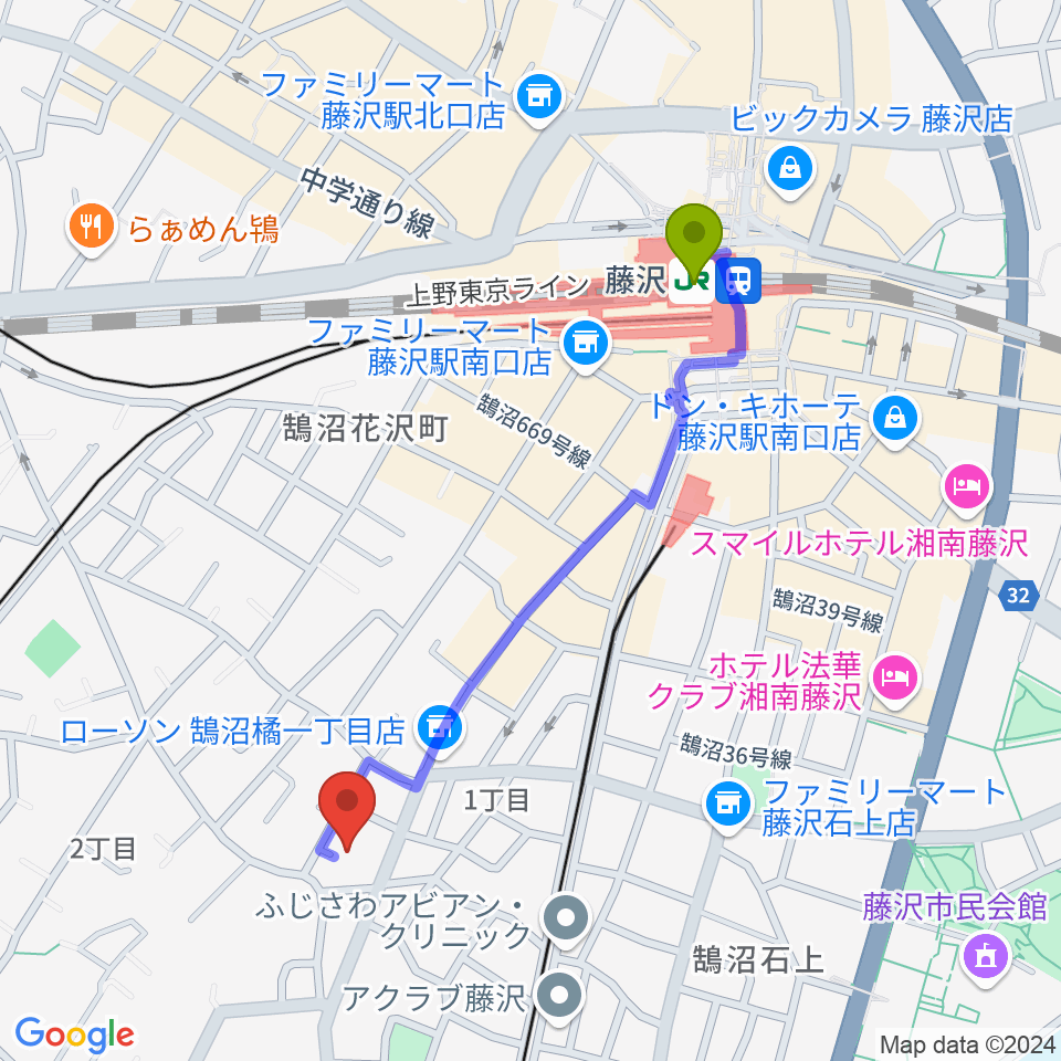 藤沢駅からル・クラシックへのルートマップ地図