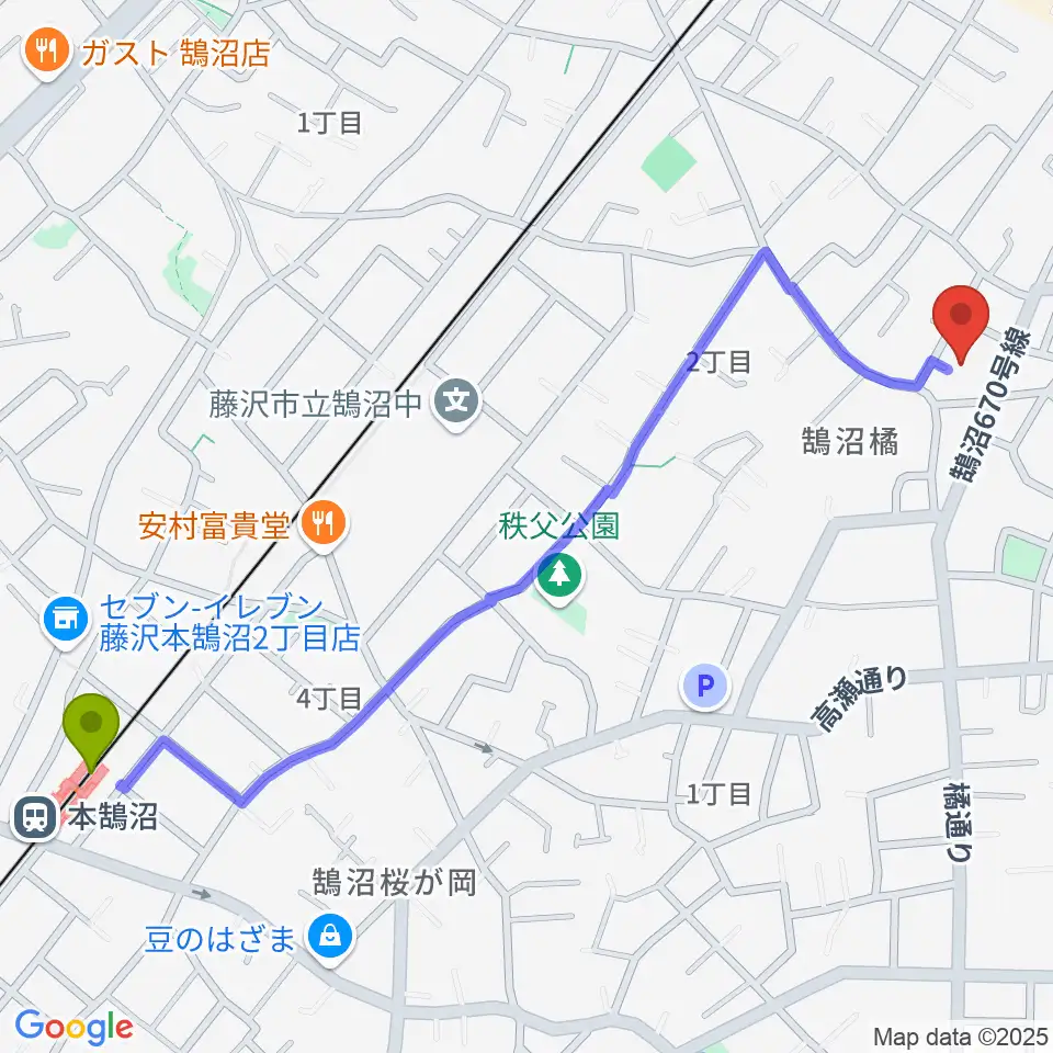 本鵠沼駅からル・クラシックへのルートマップ地図