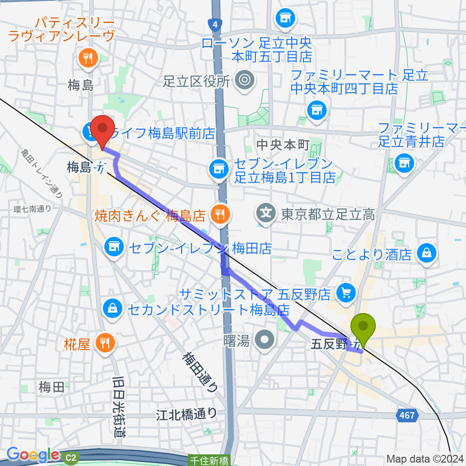 五反野駅から梅島Hugoへのルートマップ地図