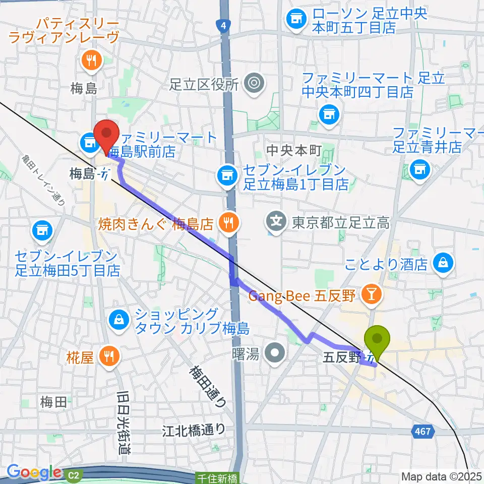 五反野駅から梅島Hugoへのルートマップ地図