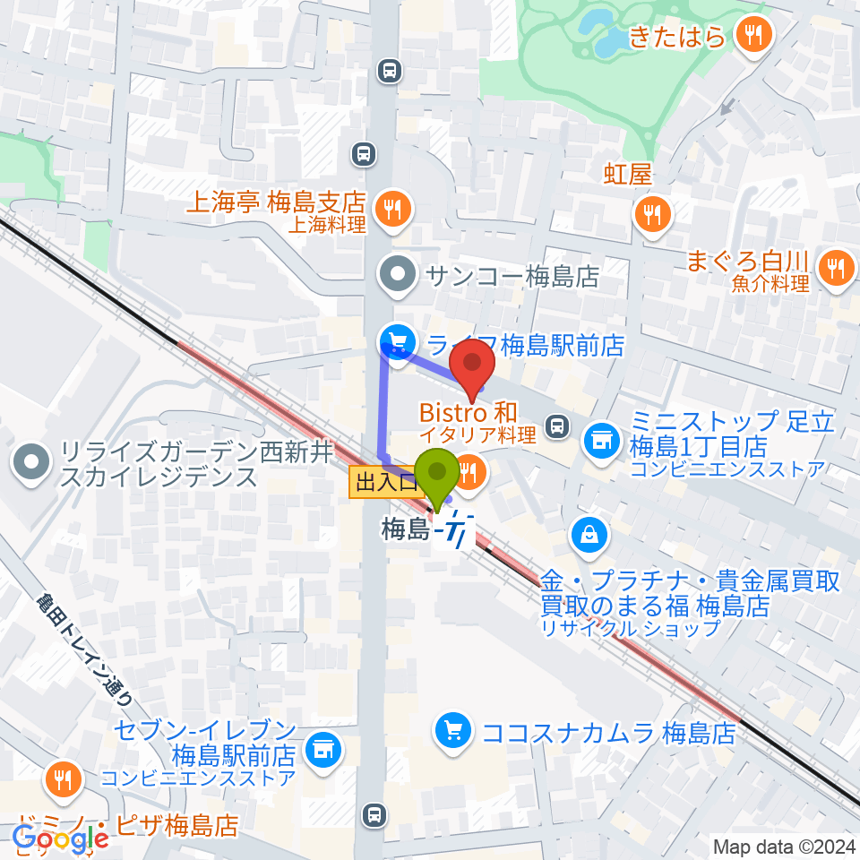 梅島Hugoの最寄駅梅島駅からの徒歩ルート（約1分）地図