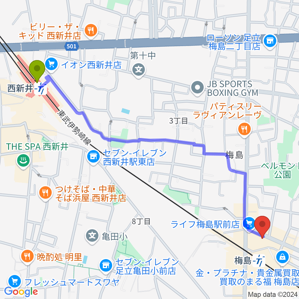 西新井駅から梅島Hugoへのルートマップ地図