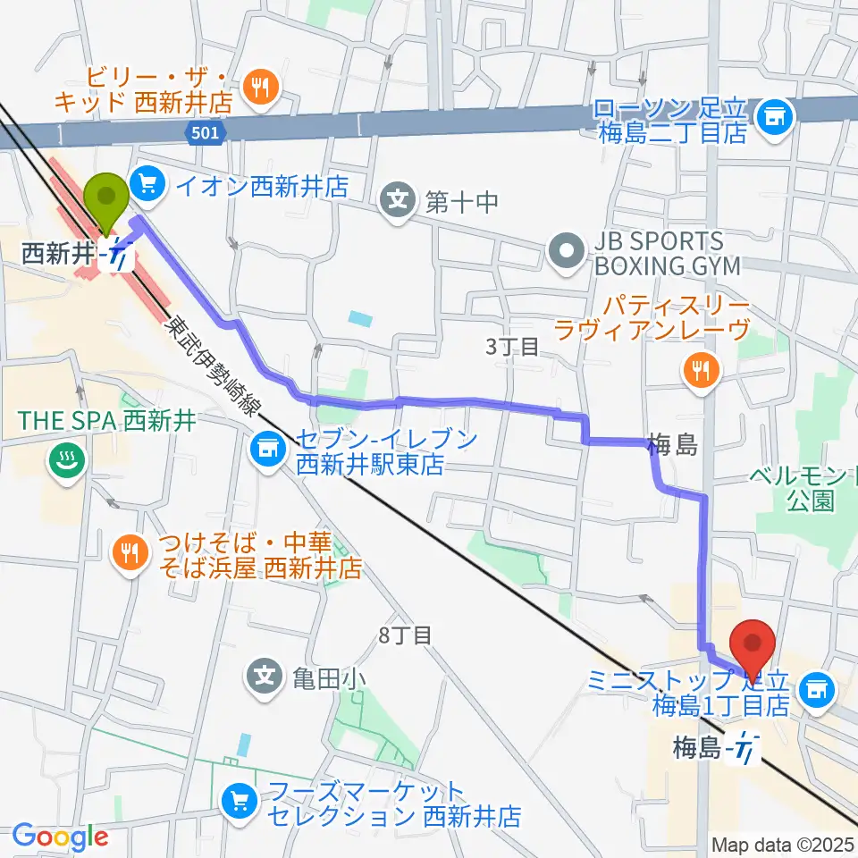 西新井駅から梅島Hugoへのルートマップ地図