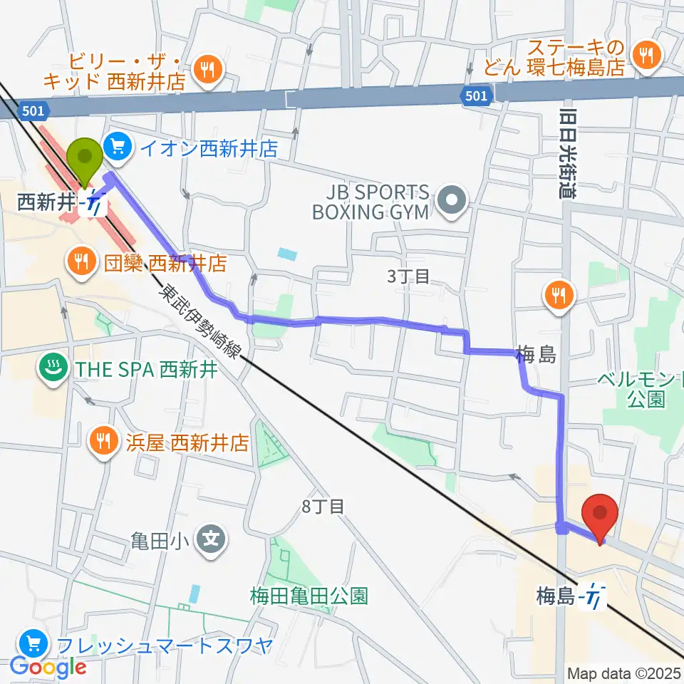 西新井駅から梅島Hugoへのルートマップ地図