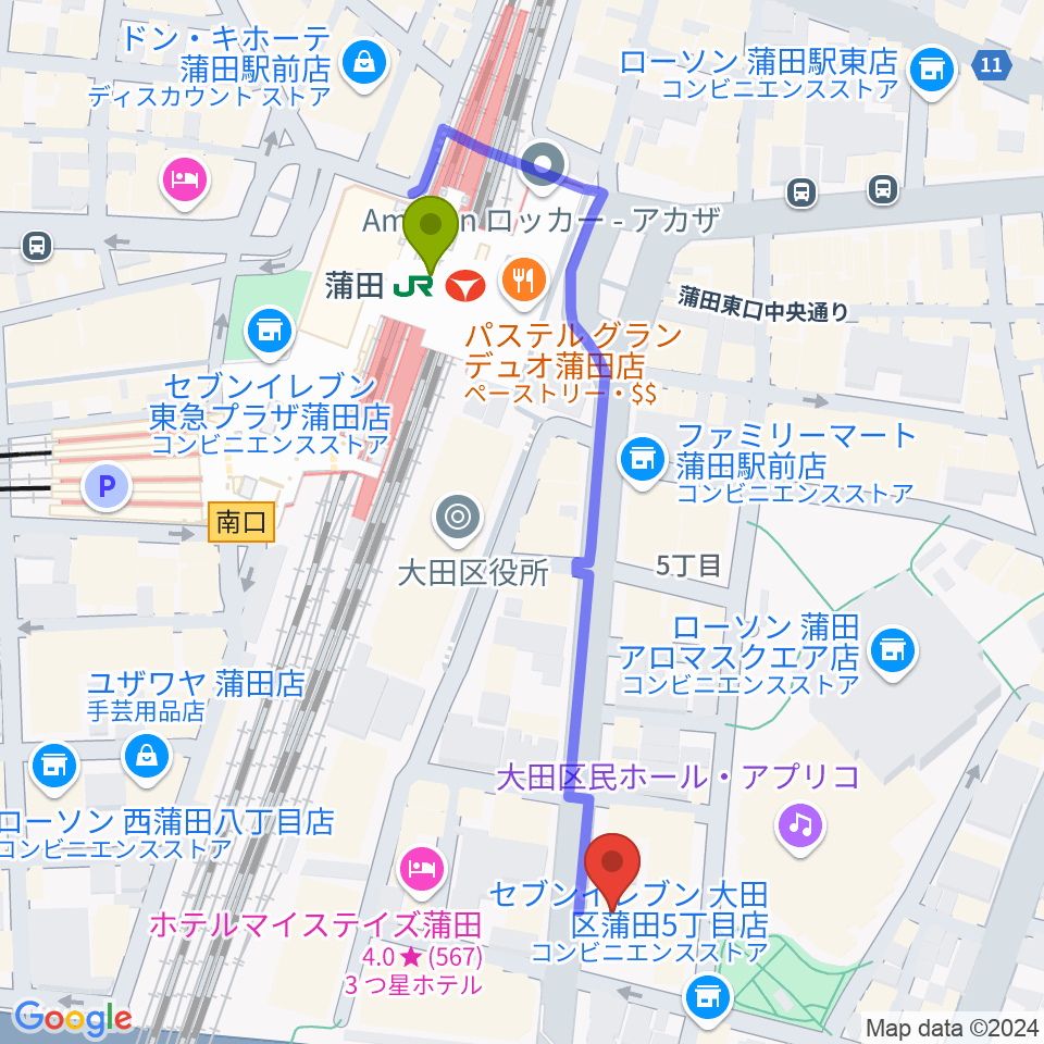 蒲田ニューエイトの最寄駅蒲田駅からの徒歩ルート（約5分）地図