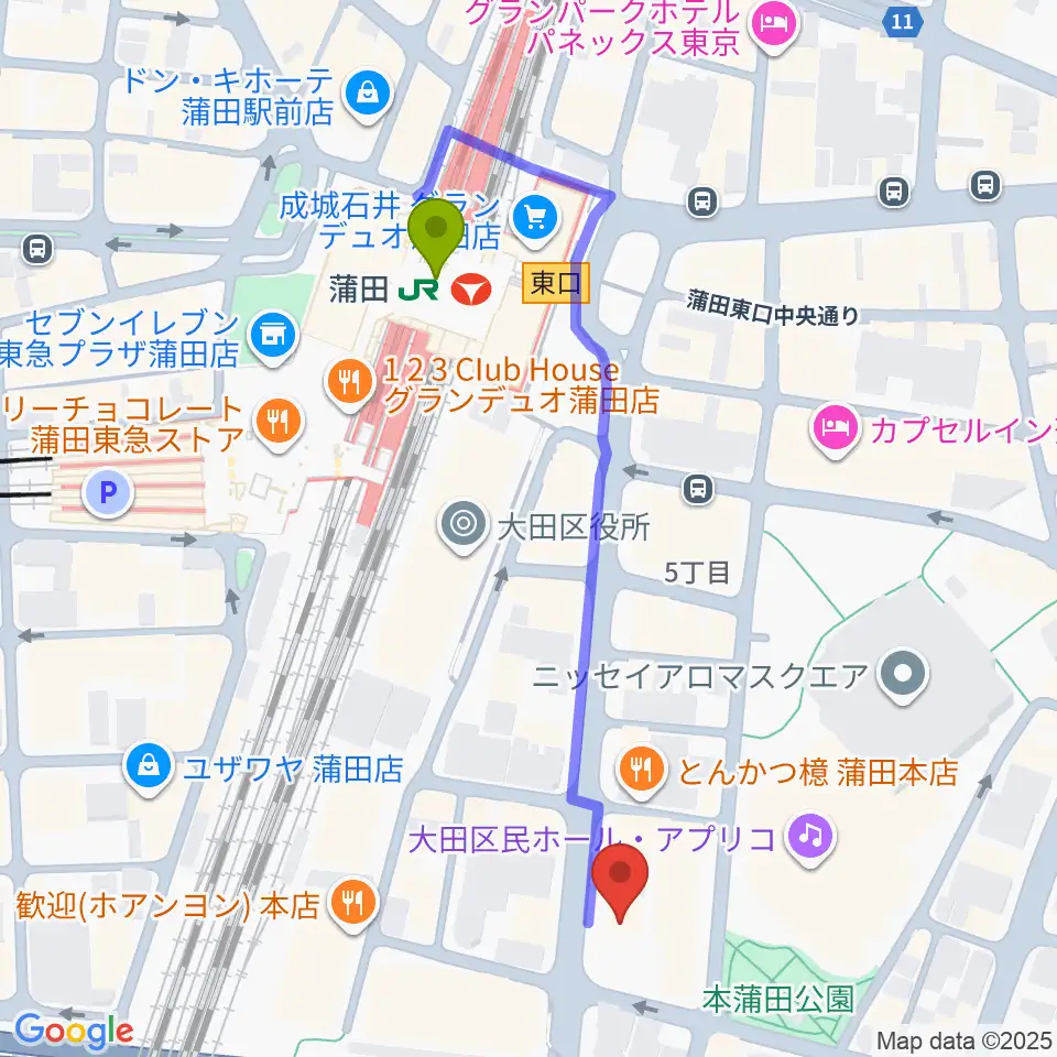 蒲田ニューエイトの最寄駅蒲田駅からの徒歩ルート（約5分）地図
