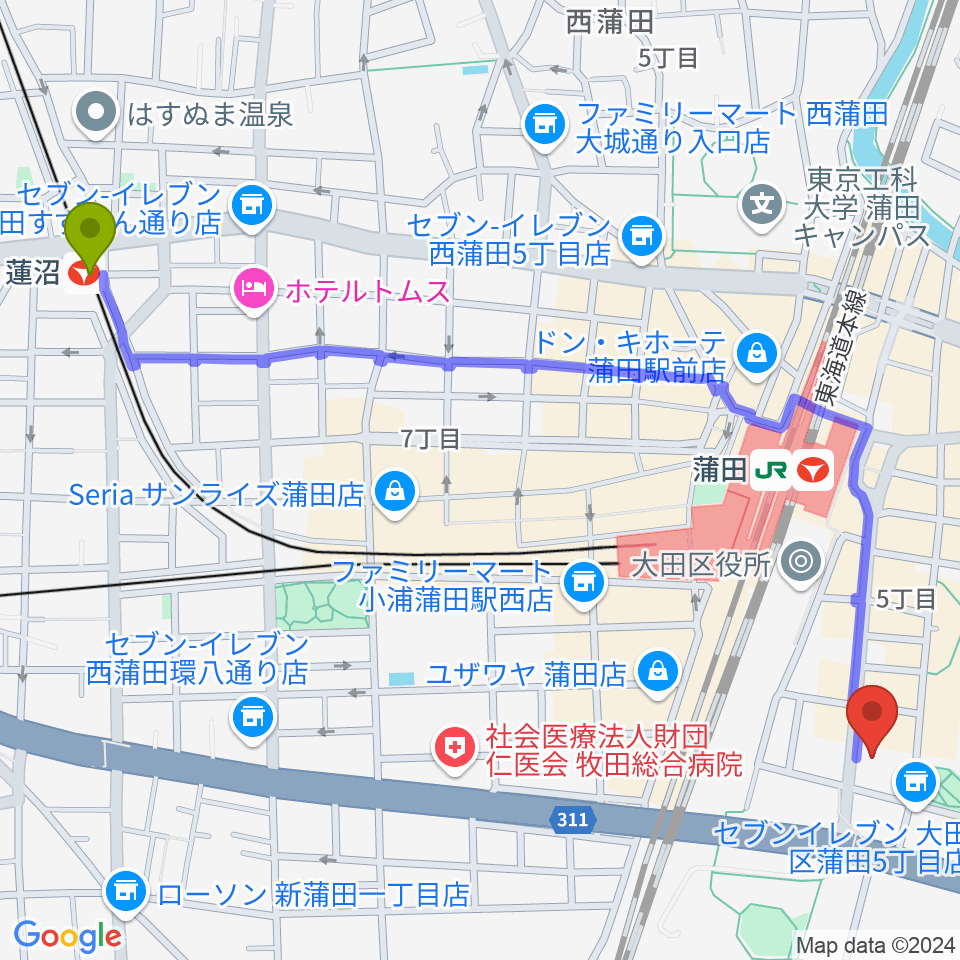 蓮沼駅から蒲田ニューエイトへのルートマップ地図