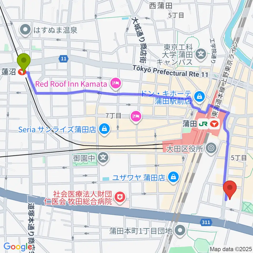 蓮沼駅から蒲田ニューエイトへのルートマップ地図