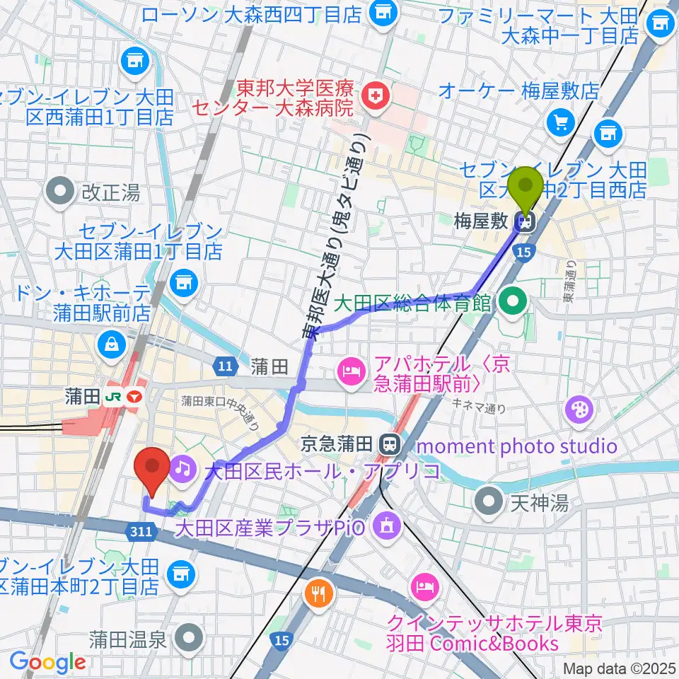 梅屋敷駅から蒲田ニューエイトへのルートマップ地図