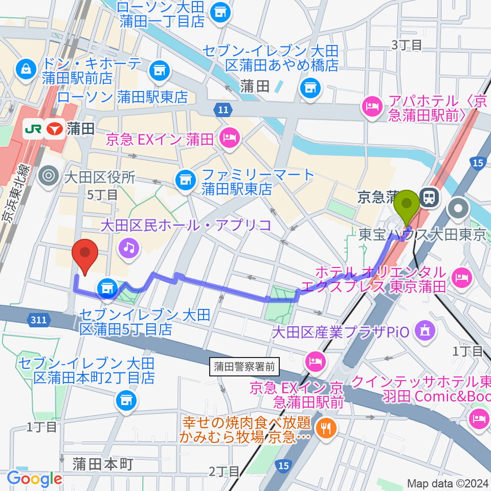 京急蒲田駅から蒲田ニューエイトへのルートマップ地図