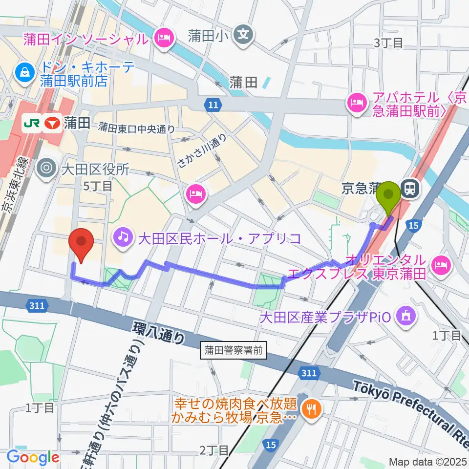 京急蒲田駅から蒲田ニューエイトへのルートマップ地図
