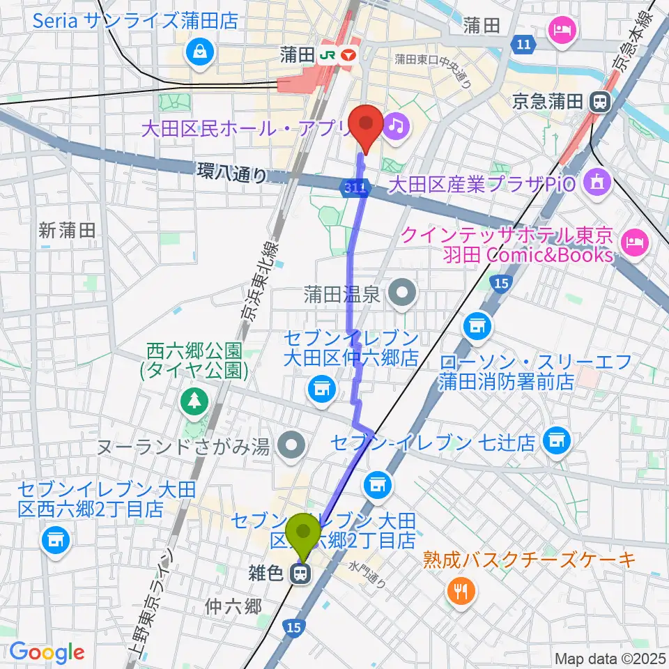 雑色駅から蒲田ニューエイトへのルートマップ地図