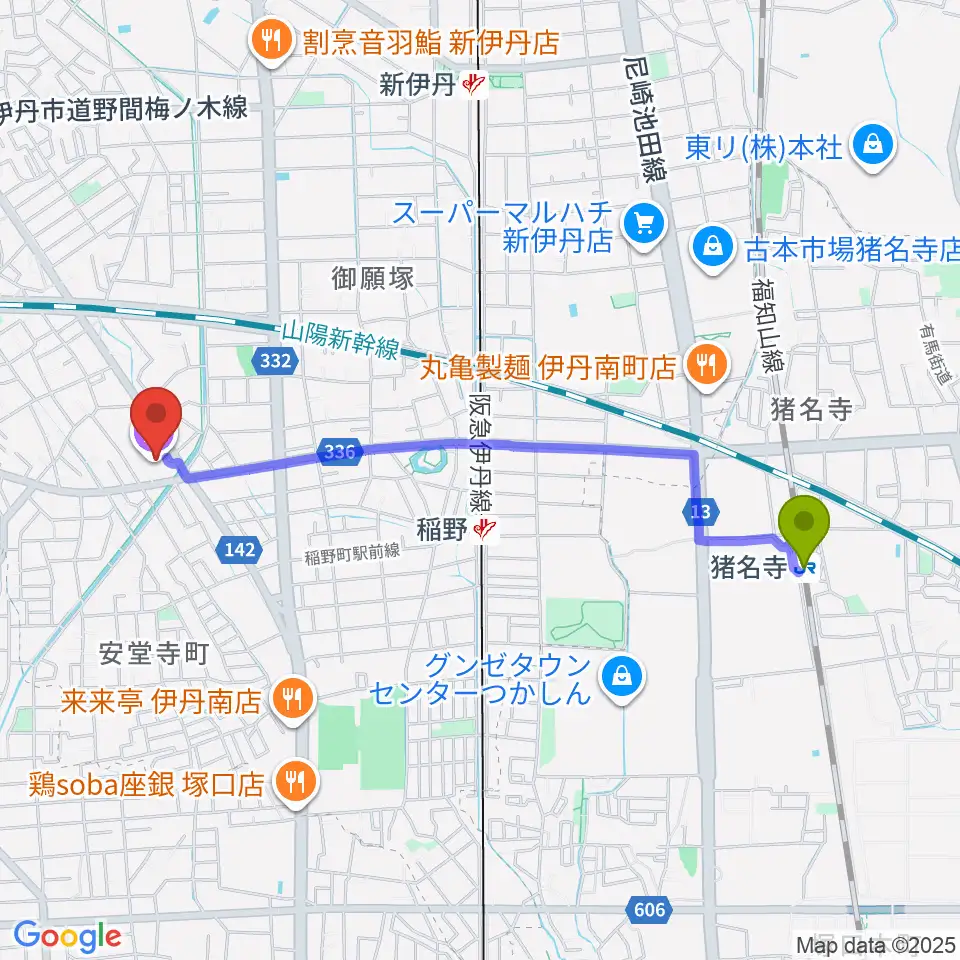 猪名寺駅からラスタホール（伊丹市立生涯学習センター） へのルートマップ地図