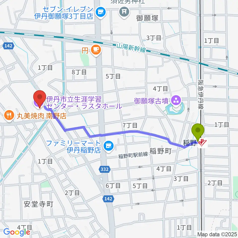 ラスタホール（伊丹市立生涯学習センター） の最寄駅稲野駅からの徒歩ルート（約11分）地図