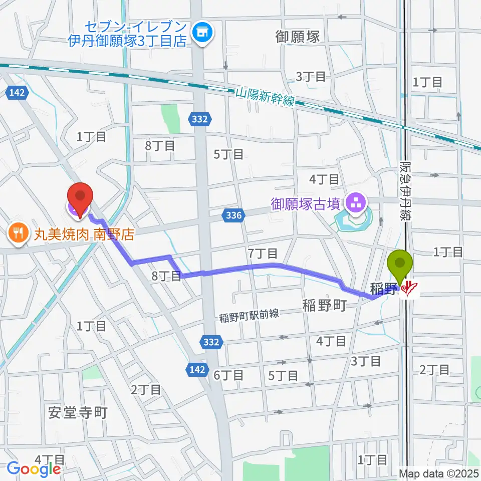 ラスタホール（伊丹市立生涯学習センター） の最寄駅稲野駅からの徒歩ルート（約11分）地図