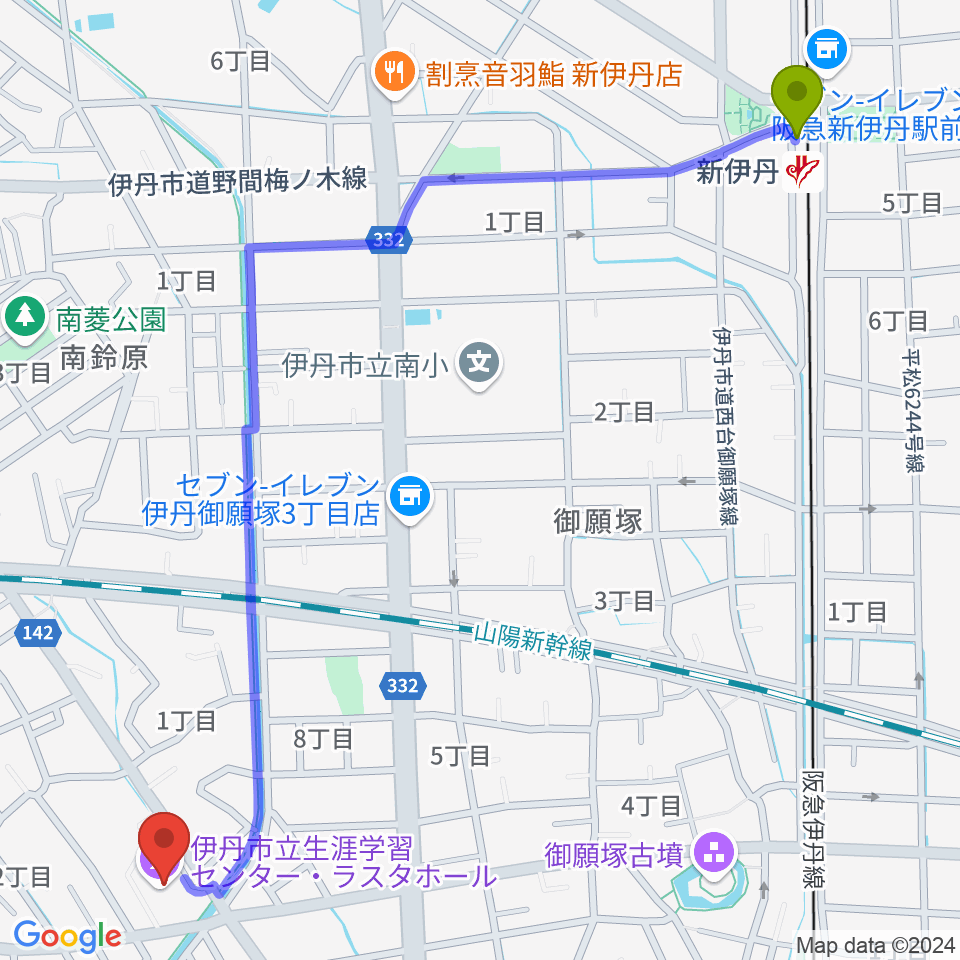 新伊丹駅からラスタホール（伊丹市立生涯学習センター） へのルートマップ地図