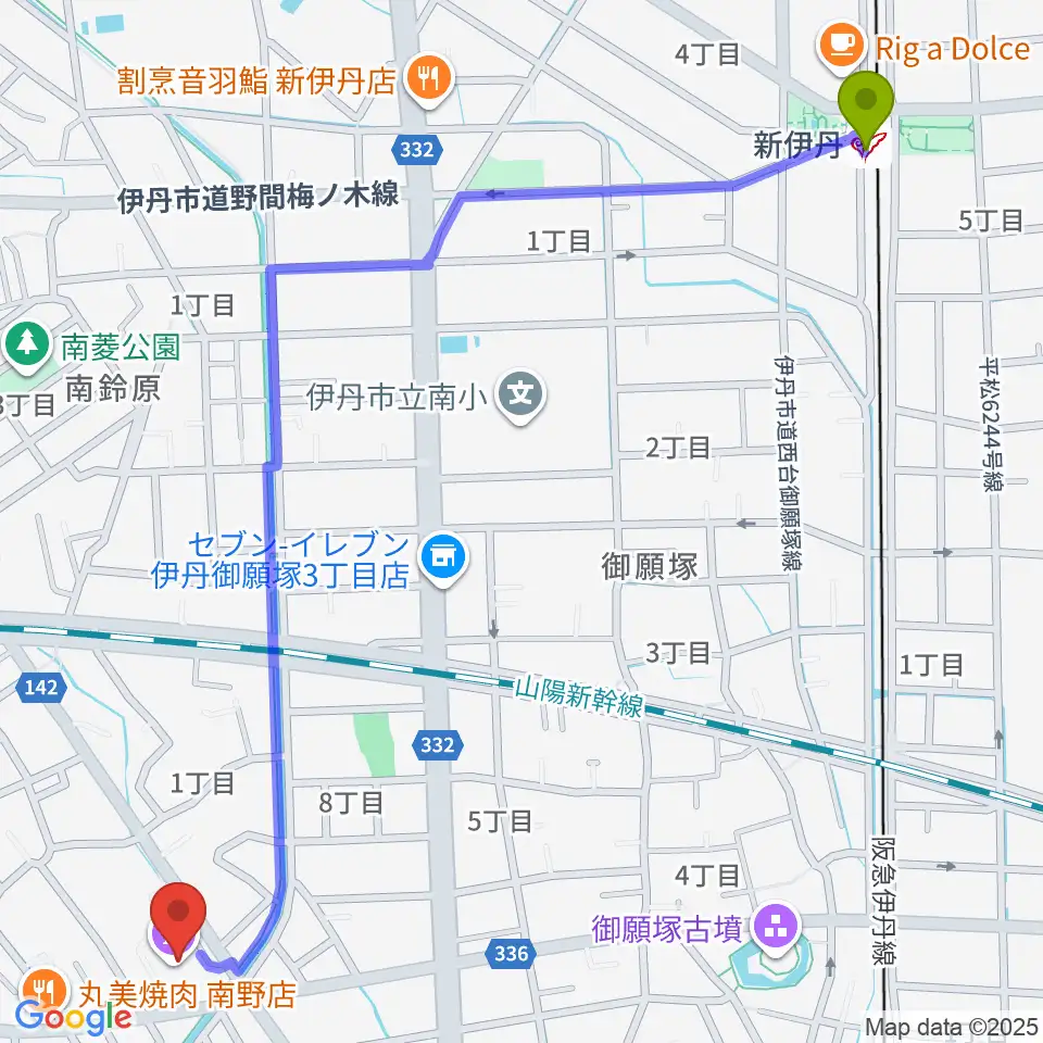 新伊丹駅からラスタホール（伊丹市立生涯学習センター） へのルートマップ地図