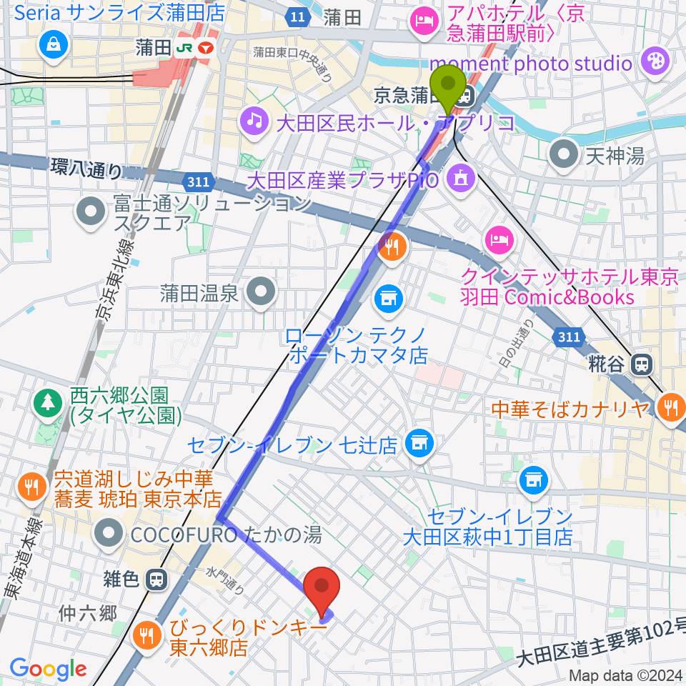 京急蒲田駅から空音舎へのルートマップ地図